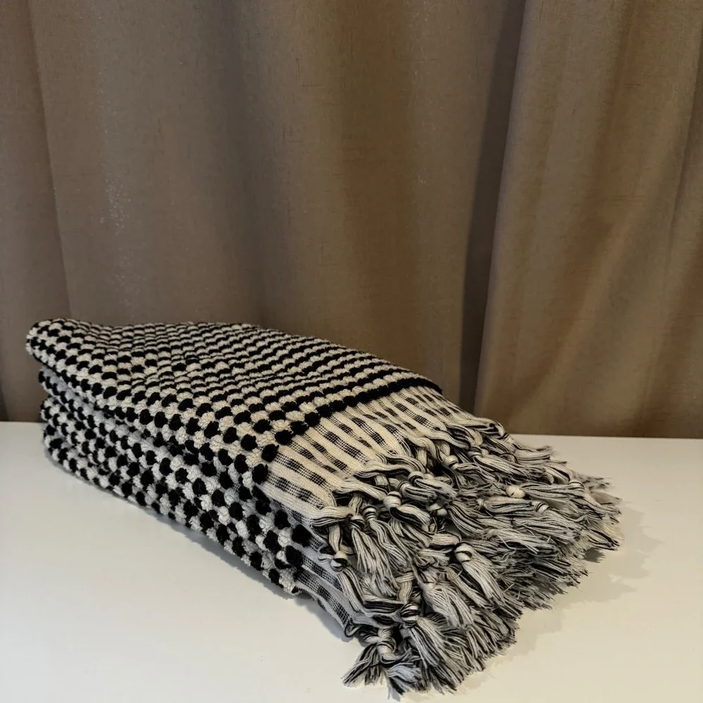 Black White Textured Turkish‎ Woven Hand Towel Tassels Set of Four